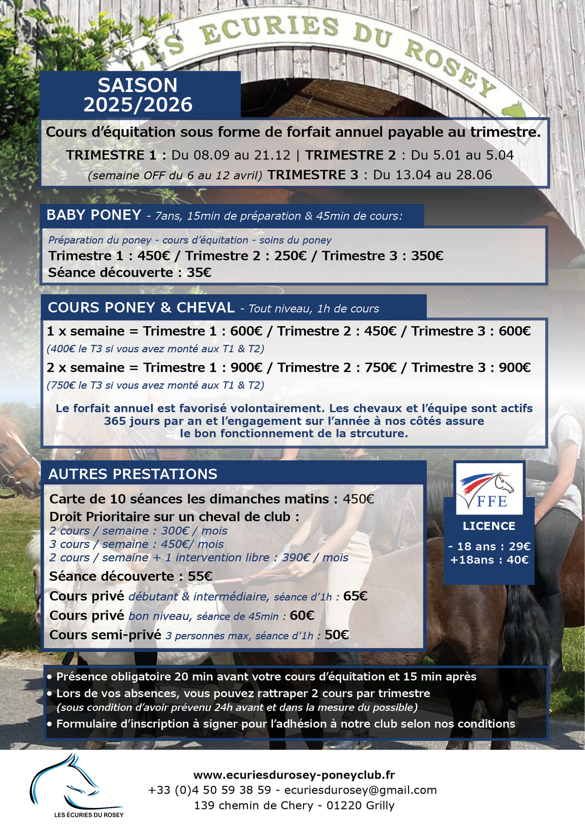 Tarifs saison 2025/2026 des Ecuries du Rosey, centre équestre dans le pays de Gex Tarifs saison 2025/2026 des Ecuries du Rosey, centre équestre dans le pays de Gex