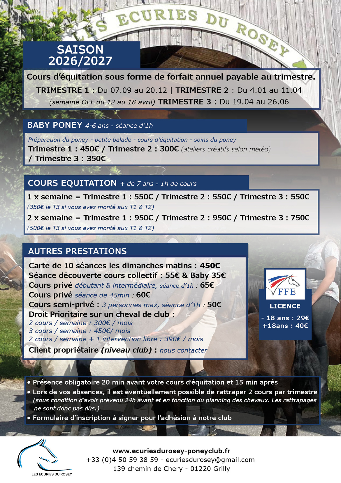 Tarifs saison 2026-2027 des Ecuries du Rosey, centre équestre dans le pays de Gex Tarifs saison 2026-2027 des Ecuries du Rosey, centre équestre dans le pays de Gex