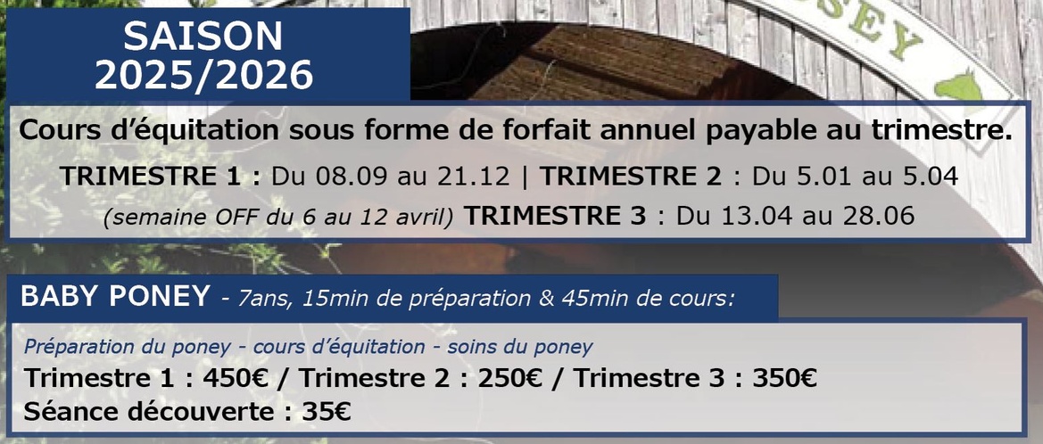 Tarifs saison 2025/2026 des Ecuries du Rosey, centre équestre dans le pays de Gex Tarifs saison 2025/2026 des Ecuries du Rosey, centre équestre dans le pays de Gex