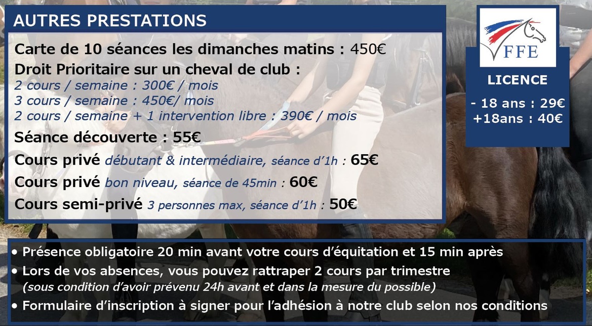 Tarifs saison 2025/2026 des Ecuries du Rosey, centre équestre dans le pays de Gex Tarifs saison 2025/2026 des Ecuries du Rosey, centre équestre dans le pays de Gex