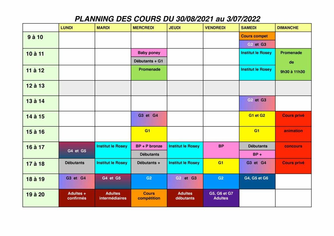 Découvrez le planning des cours d'équitation aux Écuries du Rosey, centre équestre dans le pays de Gex