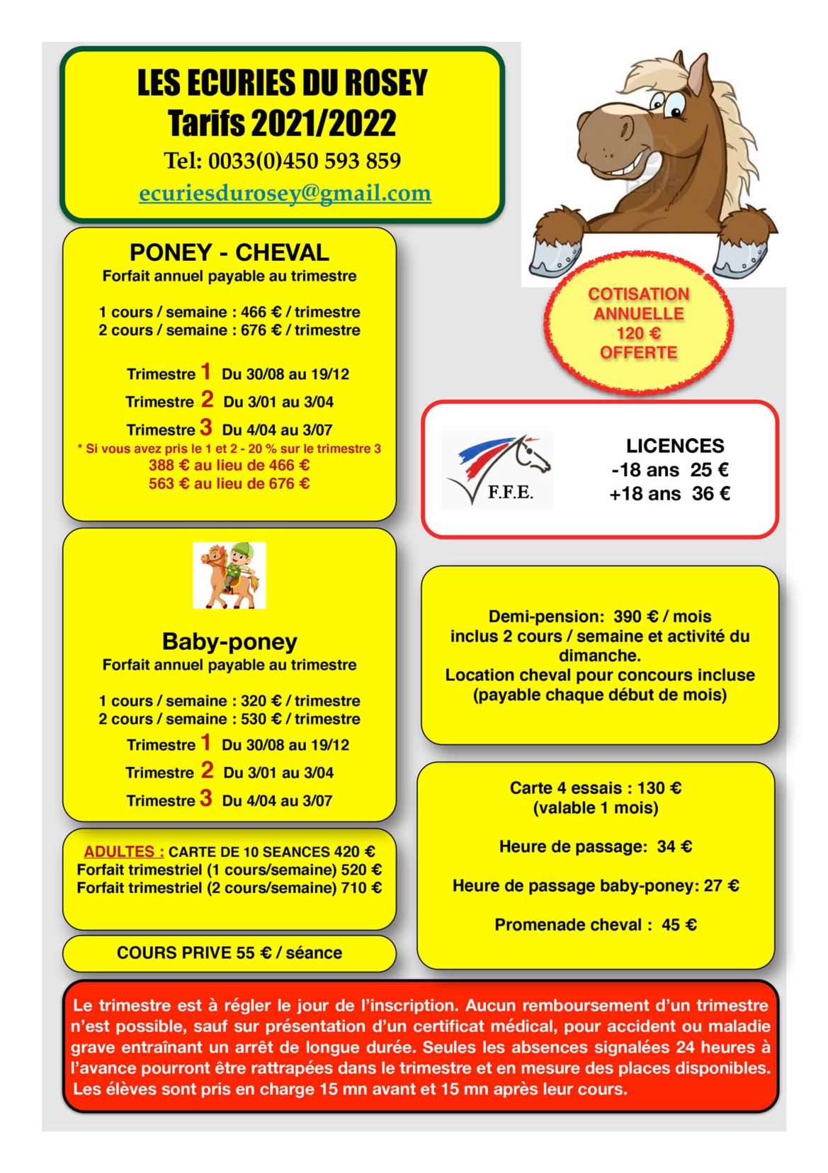 Tarifs des cours d'équitation aux Écuries du Rosey, Poney-club dans le pays de Gex