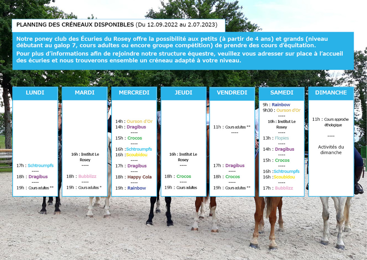 Planning des cours d'équitation aux Écuries du Rosey, centre équestre dans le pays de Gex Planning des cours d'équitation aux Écuries du Rosey, centre équestre dans le pays de Gex