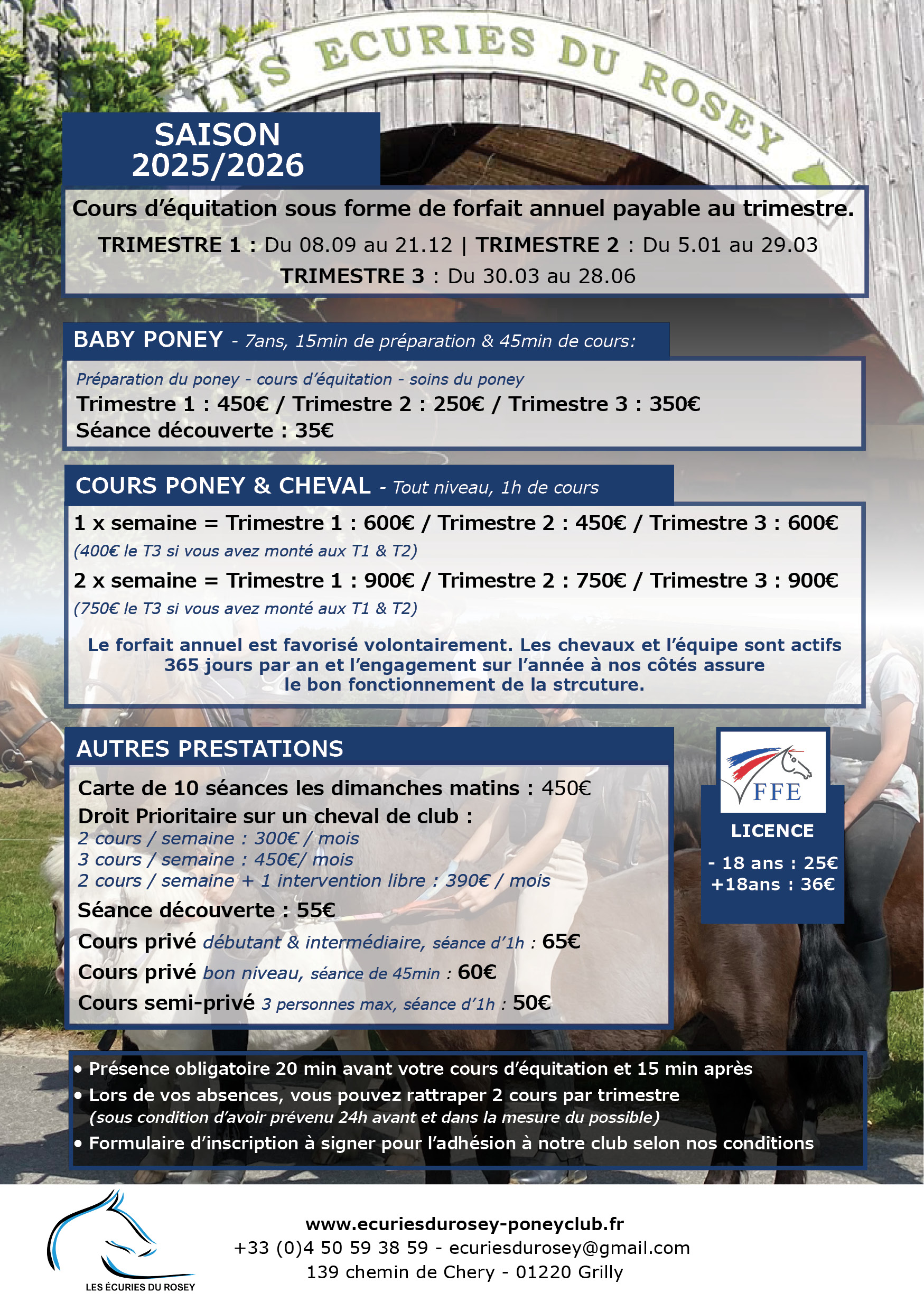 Tarifs Rentrée 2025 des Ecuries du Rosey, centre équestre dans le pays de Gex Tarifs Rentrée 2025 des Ecuries du Rosey, centre équestre dans le pays de Gex