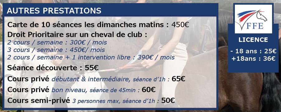 Tarifs Rentrée 2025 des Ecuries du Rosey, centre équestre dans le pays de Gex Tarifs Rentrée 2025 des Ecuries du Rosey, centre équestre dans le pays de Gex