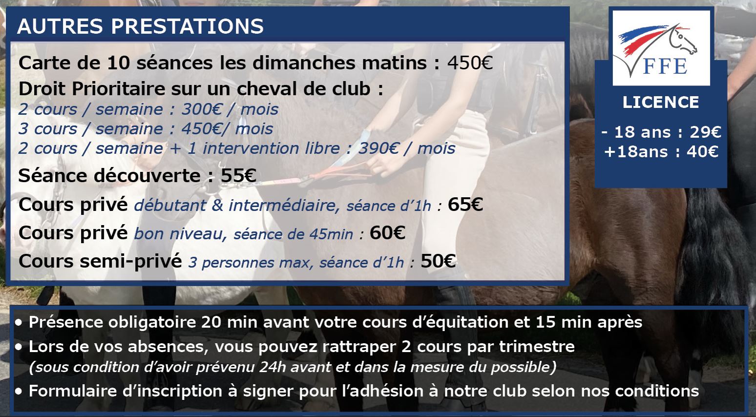 Tarifs saison 2025/2026 des Ecuries du Rosey, centre équestre dans le pays de Gex