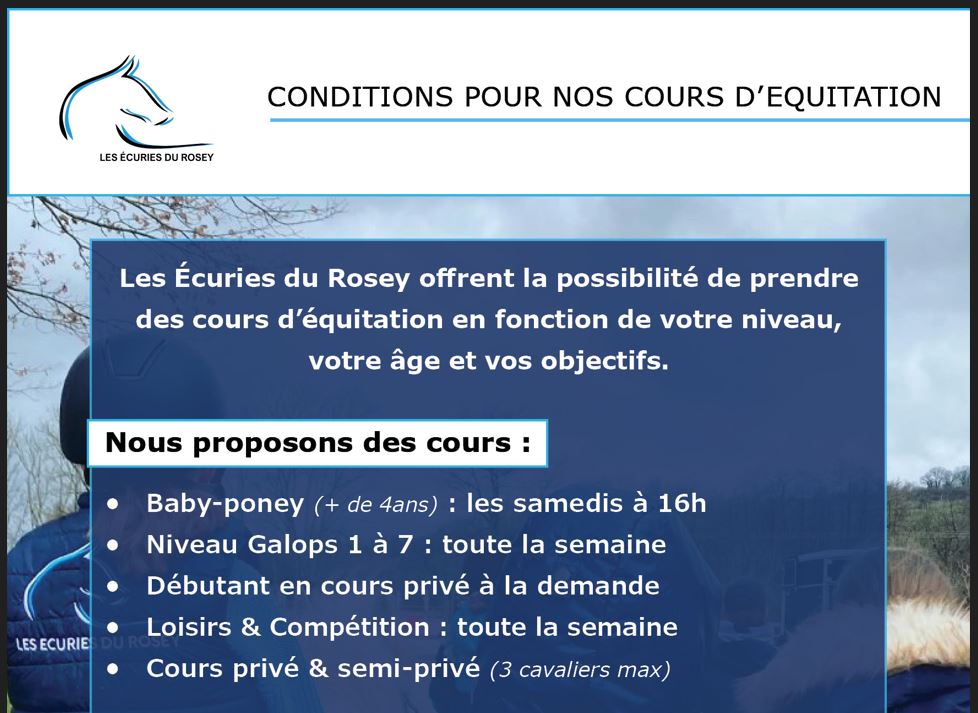 Tarifs saison 2026-2027 des Ecuries du Rosey, centre équestre dans le pays de Gex