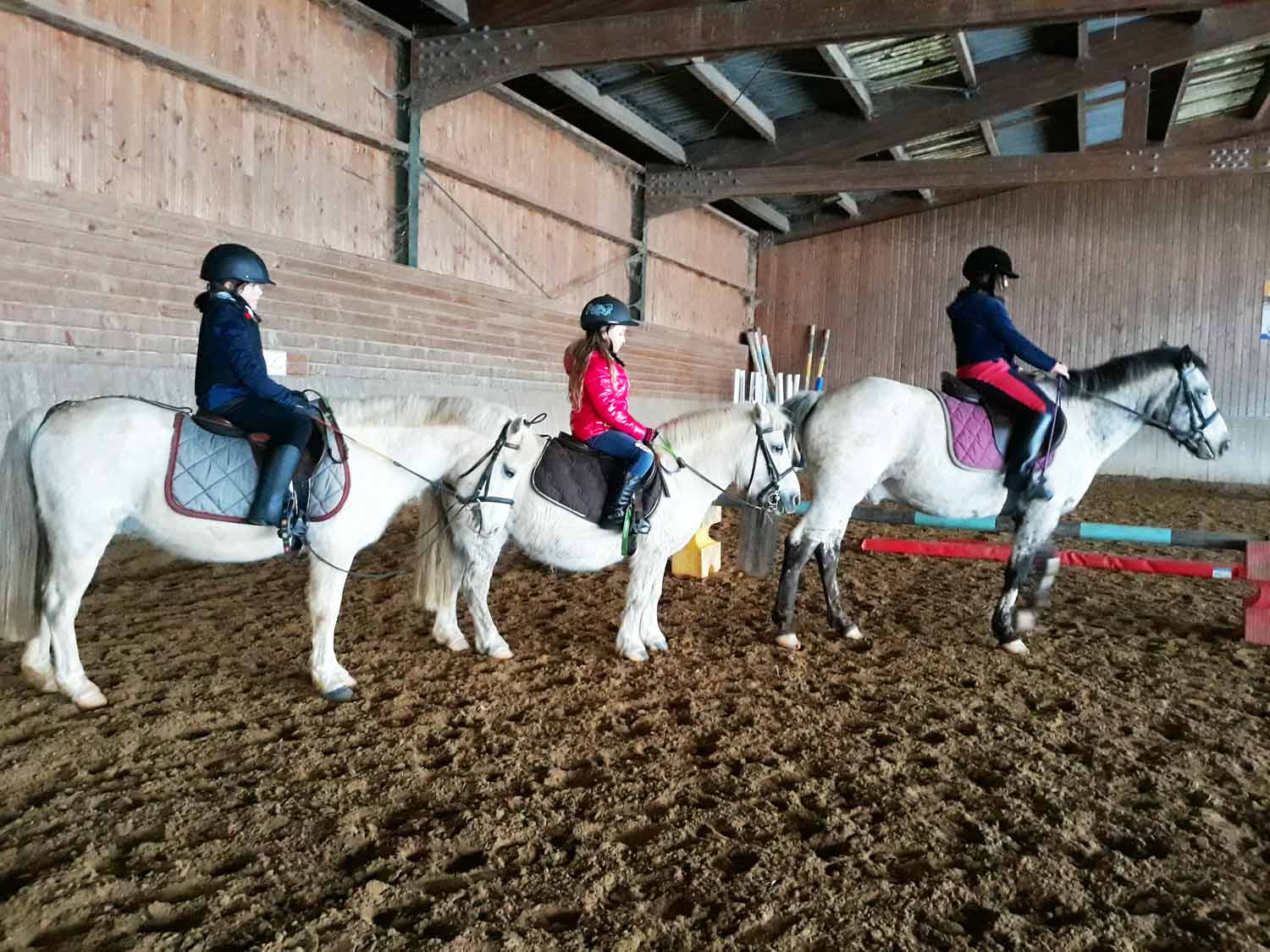 Les débutants en selle pour leur cours d'équitation aux Écuries du Rosey