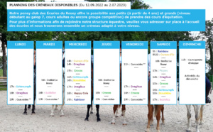 Planning des cours d'équitation aux Écuries du Rosey, centre équestre dans le pays de Gex